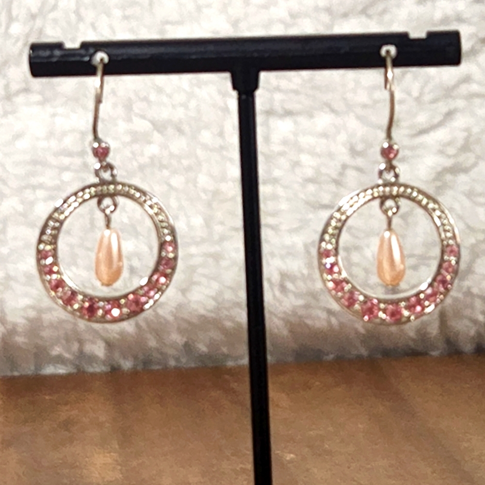 Monet Pink Rhinestone Dangle Earrings